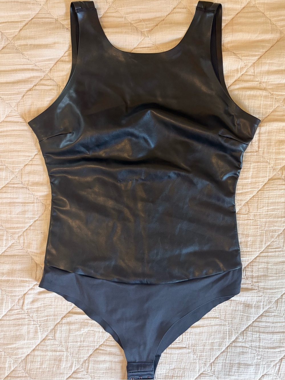 Pinsy Vegan Leather Scoop Tank Bodysuit/Shapewear with Snap Closure Large